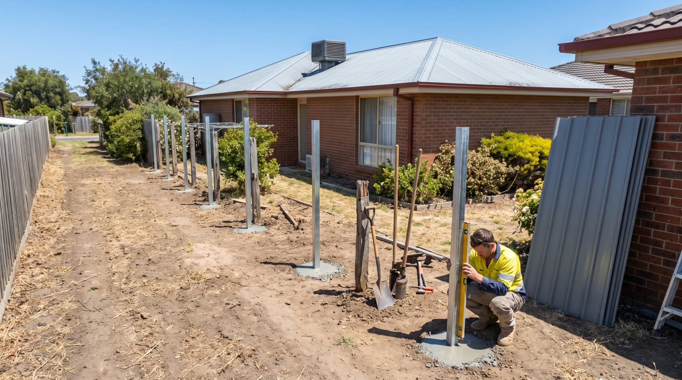 New steel fence posts being set in concrete