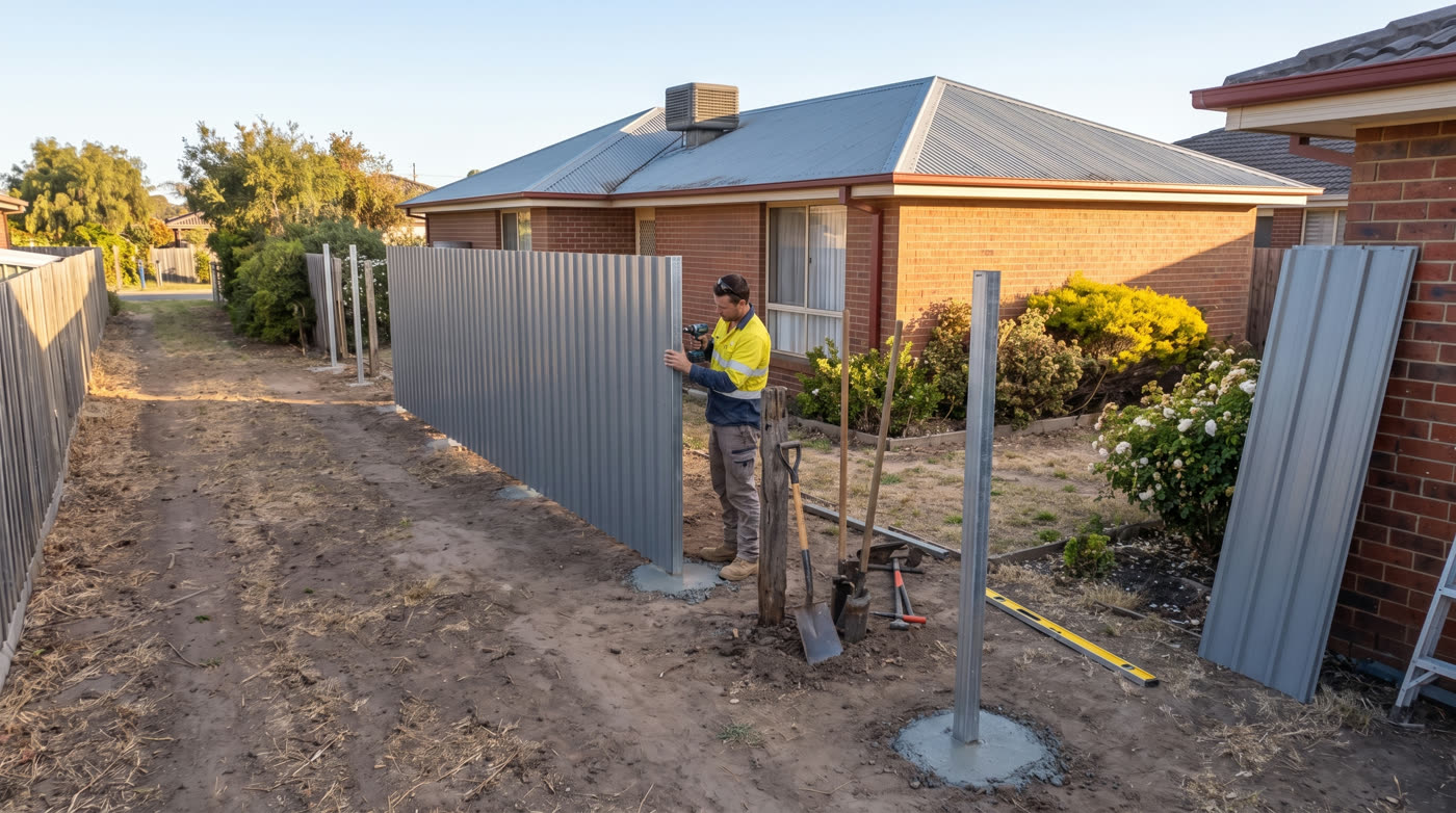 Colorbond steel sheets being fitted to the fence